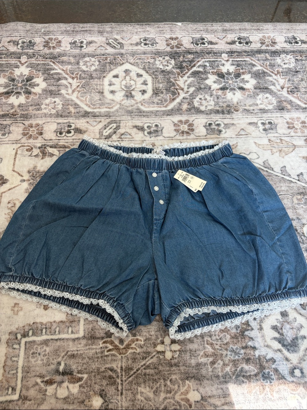 aerie Denim-Blue Elastic Waist Lace-Trim Shorts